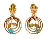 Victorian Turquoise 10 Karat Tri-Gold Floral Earrings - Wilson's Estate Jewelry