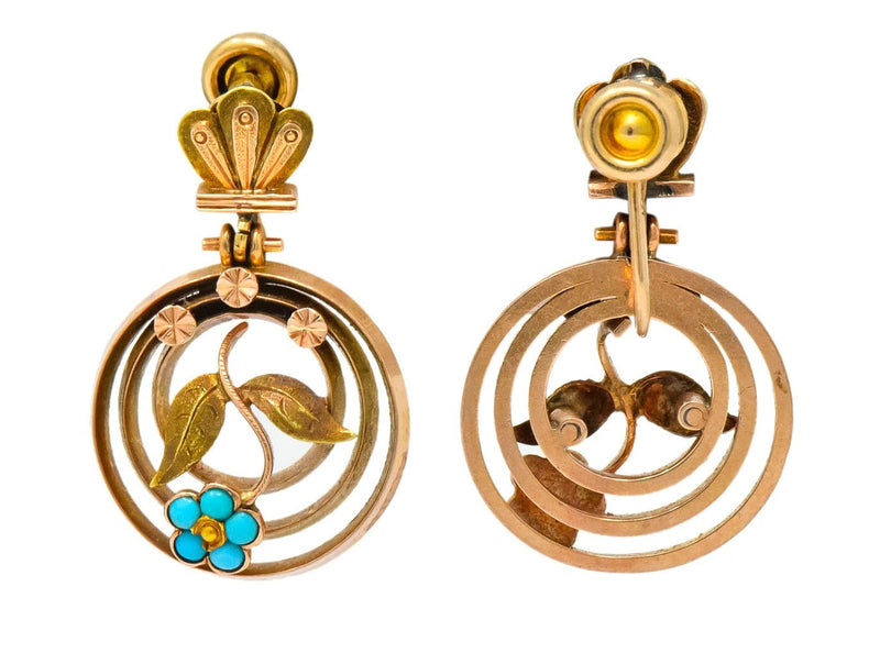 Victorian Turquoise 10 Karat Tri-Gold Floral Earrings - Wilson's Estate Jewelry