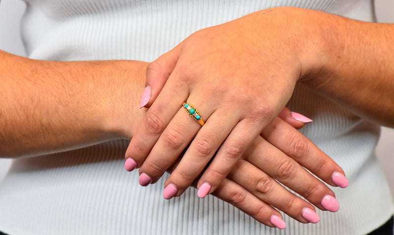 Victorian Turquoise Diamond 18 Karat Yellow Gold Band Ring - Wilson's Estate Jewelry