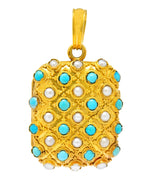 Victorian Turquoise Pearl 18 Karat Gold French Locket Pendant - Wilson's Estate Jewelry