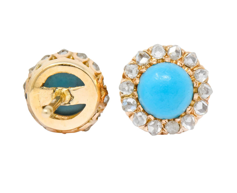 Victorian Turquoise Rose Cut Diamond 18 Karat Gold Cluster Earrings - Wilson's Estate Jewelry