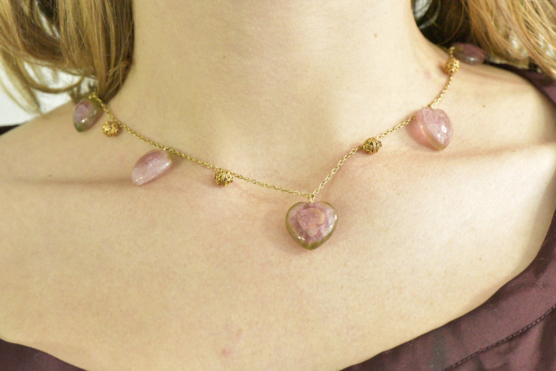 Victorian Watermelon Tourmaline 14 Karat Gold Heart Station Necklace Wilson's Estate Jewelry