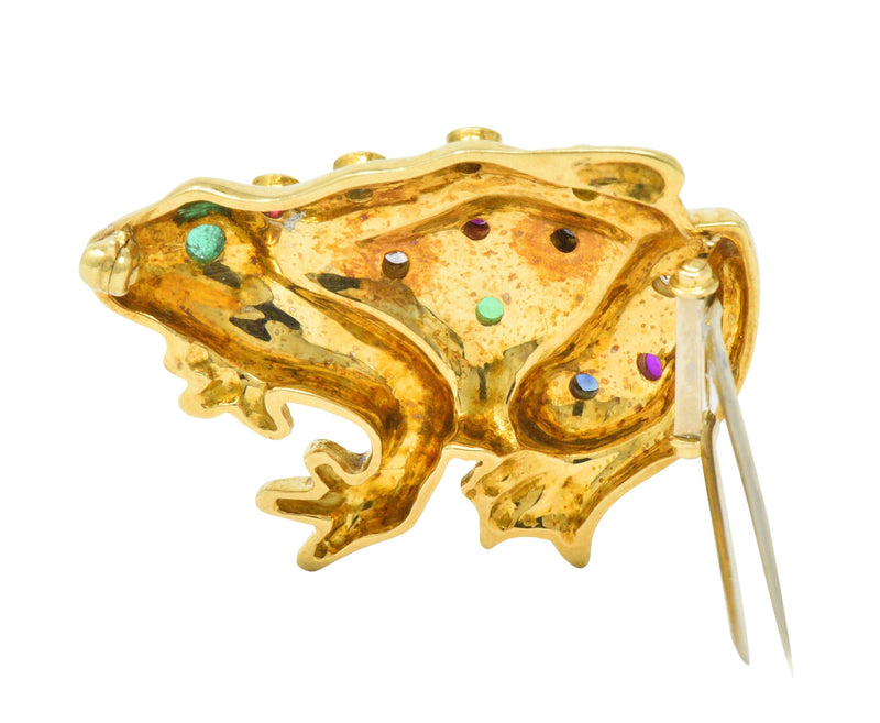 Vintage 1.25 CTW Diamond Emerald Ruby Sapphire 18 Karat Gold Frog Brooch Wilson's Estate Jewelry