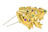 Vintage 1.25 CTW Diamond Emerald Ruby Sapphire 18 Karat Gold Frog Brooch Wilson's Estate Jewelry