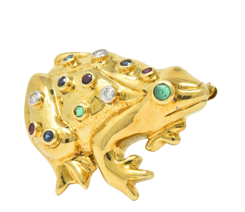 Vintage 1.25 CTW Diamond Emerald Ruby Sapphire 18 Karat Gold Frog Brooch Wilson's Estate Jewelry
