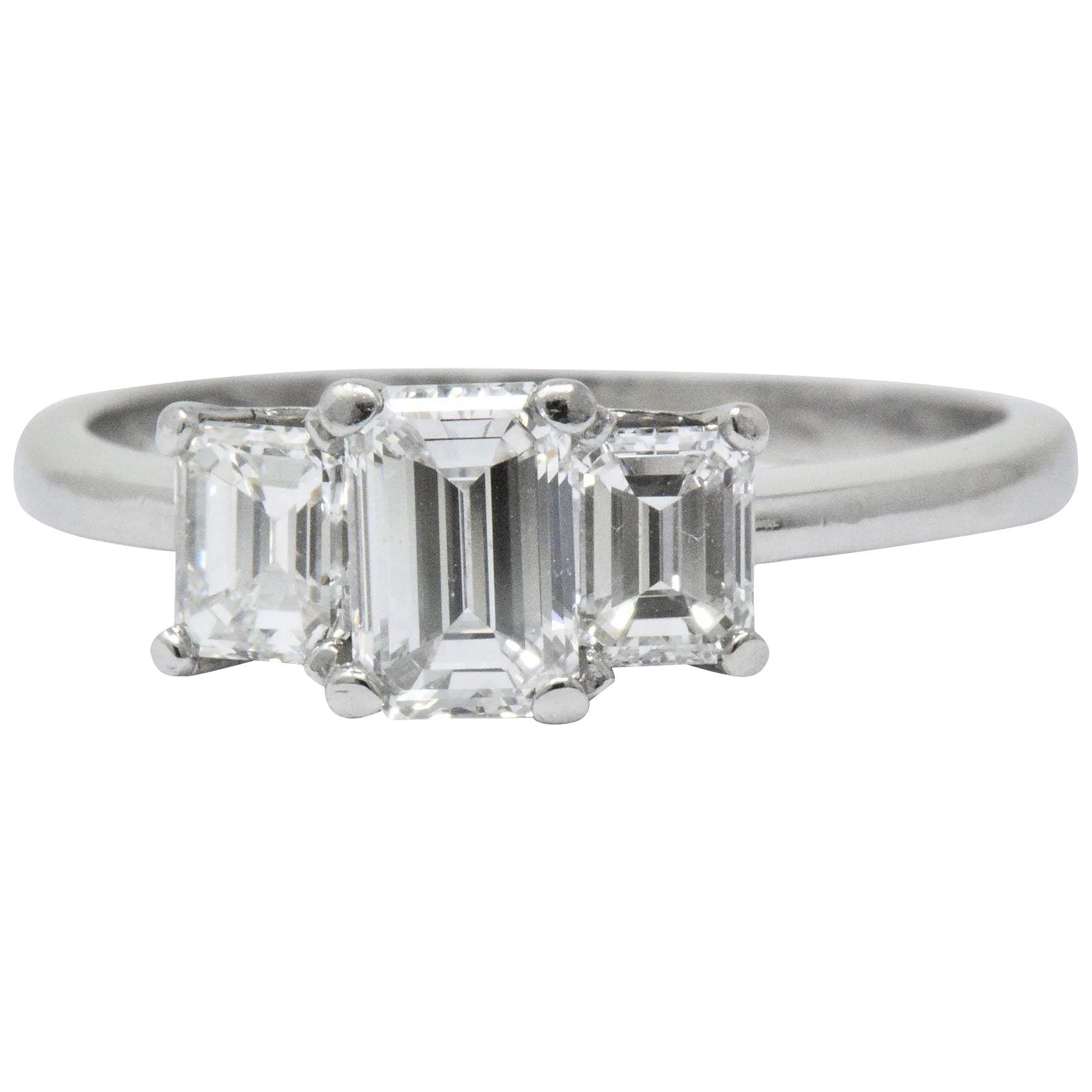 Vintage 1.40 CTW Emerald Cut Diamond Platinum Three Stone Engagement Ring Wilson's Estate Jewelry