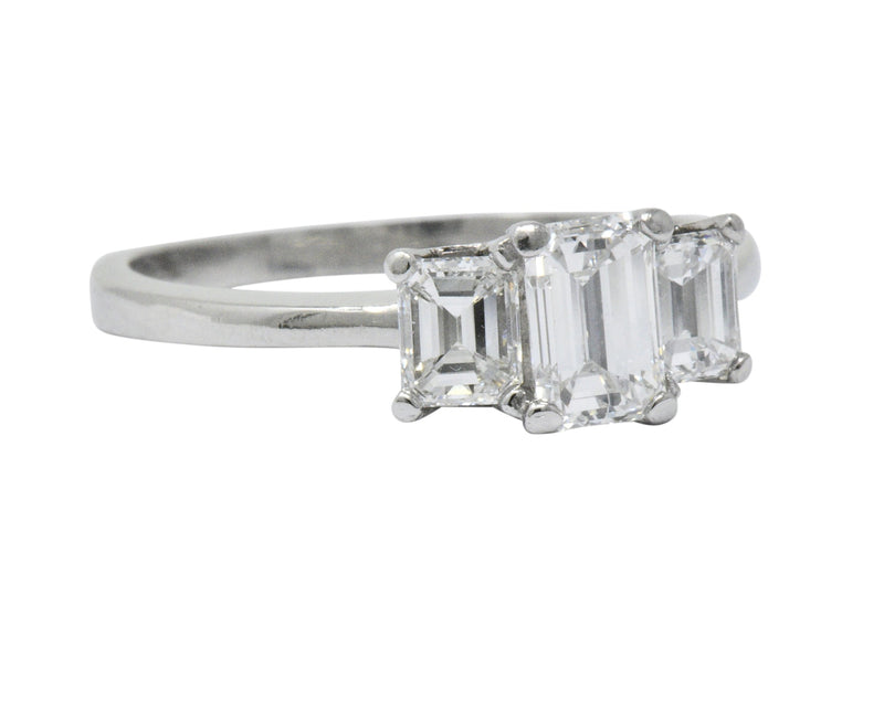 Vintage 1.40 CTW Emerald Cut Diamond Platinum Three Stone Engagement Ring Wilson's Estate Jewelry