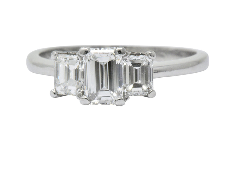 Vintage 1.40 CTW Emerald Cut Diamond Platinum Three Stone Engagement Ring Wilson's Estate Jewelry