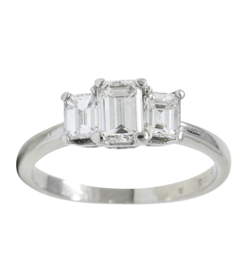 Vintage 1.40 CTW Emerald Cut Diamond Platinum Three Stone Engagement Ring Wilson's Estate Jewelry