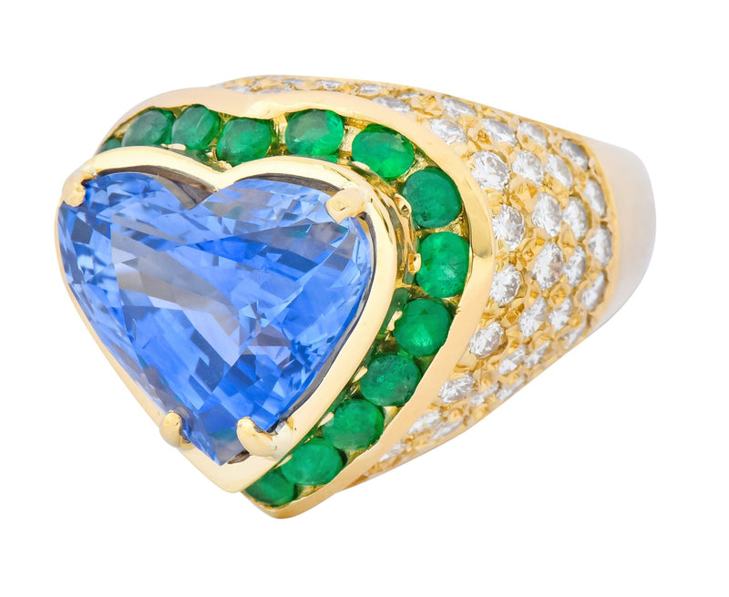 Vintage 14.09 CTW Sapphire Diamond Emerald 18 Karat Gold Heart Cocktail Ring - Wilson's Estate Jewelry