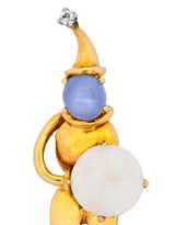 Vintage Opal Sapphire Diamond 18 Karat Gold Jester Brooch Wilson's Estate Jewelry