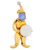 Vintage Opal Sapphire Diamond 18 Karat Gold Jester Brooch Wilson's Estate Jewelry