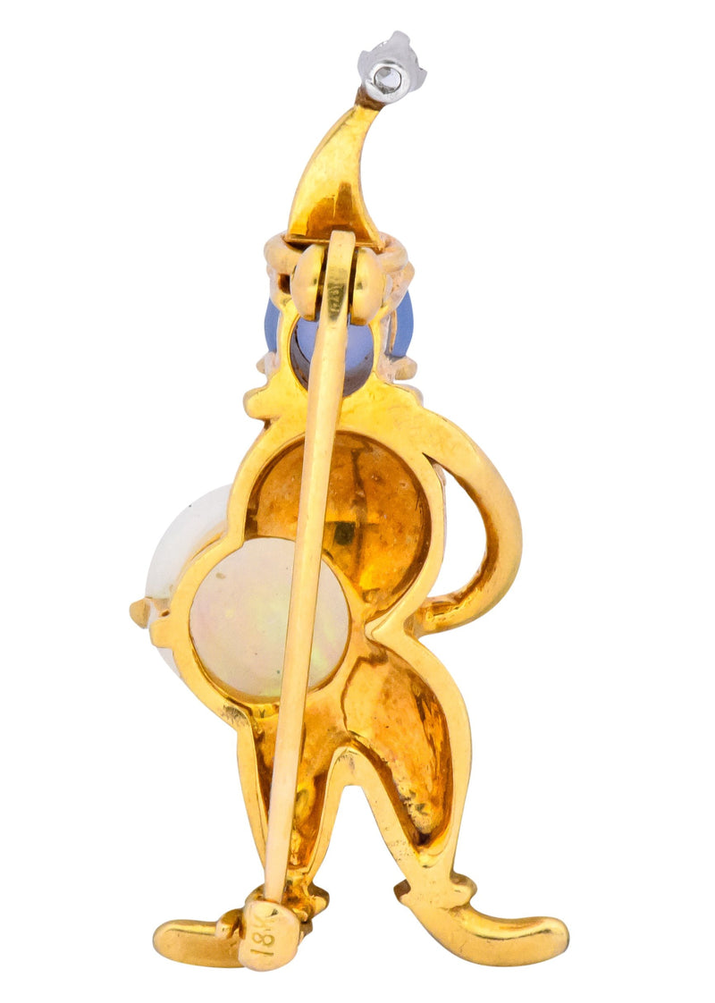 Vintage Opal Sapphire Diamond 18 Karat Gold Jester Brooch Wilson's Estate Jewelry