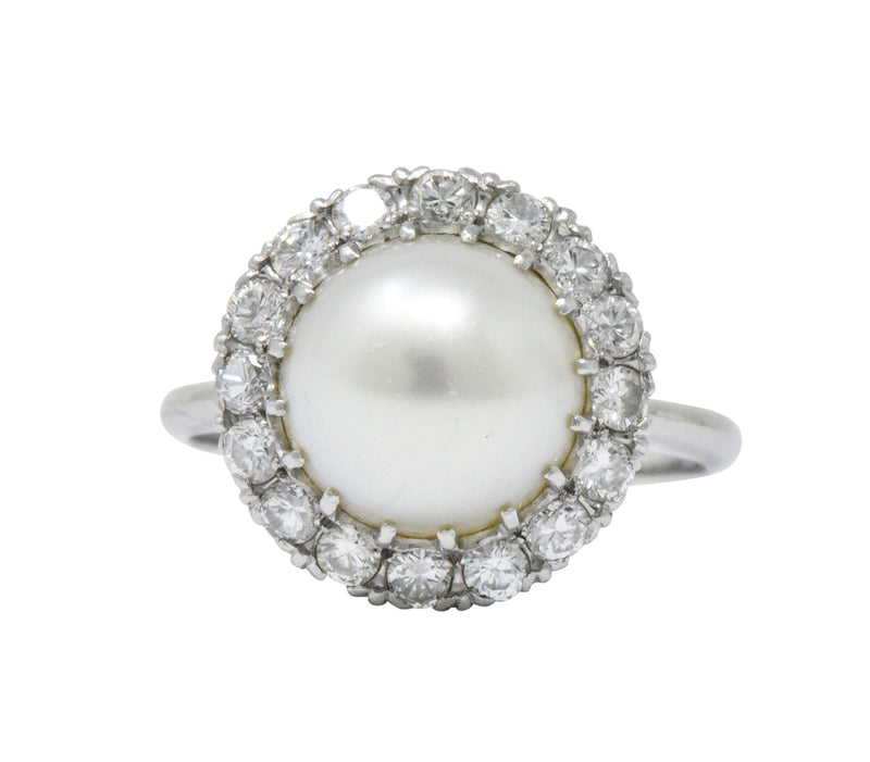 Vintage 1960’s 0.50 CTW Diamond Cultured Pearl Platinum Ring Wilson's Estate Jewelry