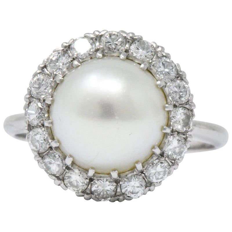Vintage 1960’s 0.50 CTW Diamond Cultured Pearl Platinum Ring Wilson's Estate Jewelry