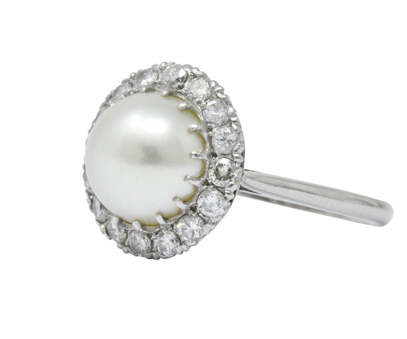 Vintage 1960’s 0.50 CTW Diamond Cultured Pearl Platinum Ring Wilson's Estate Jewelry