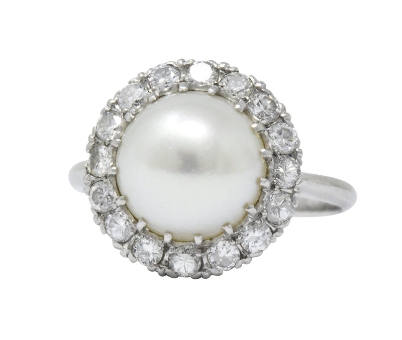Vintage 1960’s 0.50 CTW Diamond Cultured Pearl Platinum Ring Wilson's Estate Jewelry