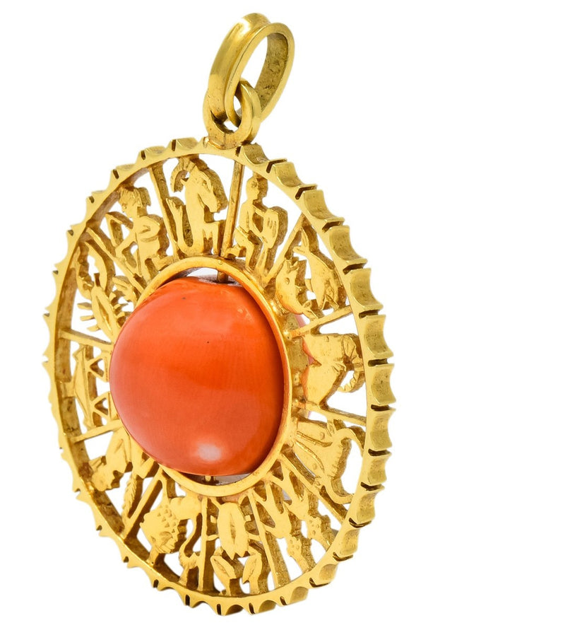 Vintage 1960's Coral 18 Karat Yellow Gold Zodiac Articulated Pendant - Wilson's Estate Jewelry