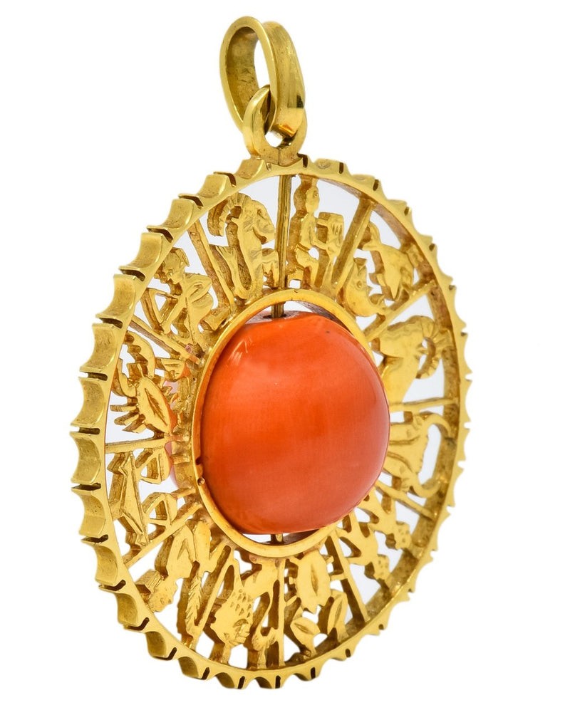Vintage 1960's Coral 18 Karat Yellow Gold Zodiac Articulated Pendant - Wilson's Estate Jewelry