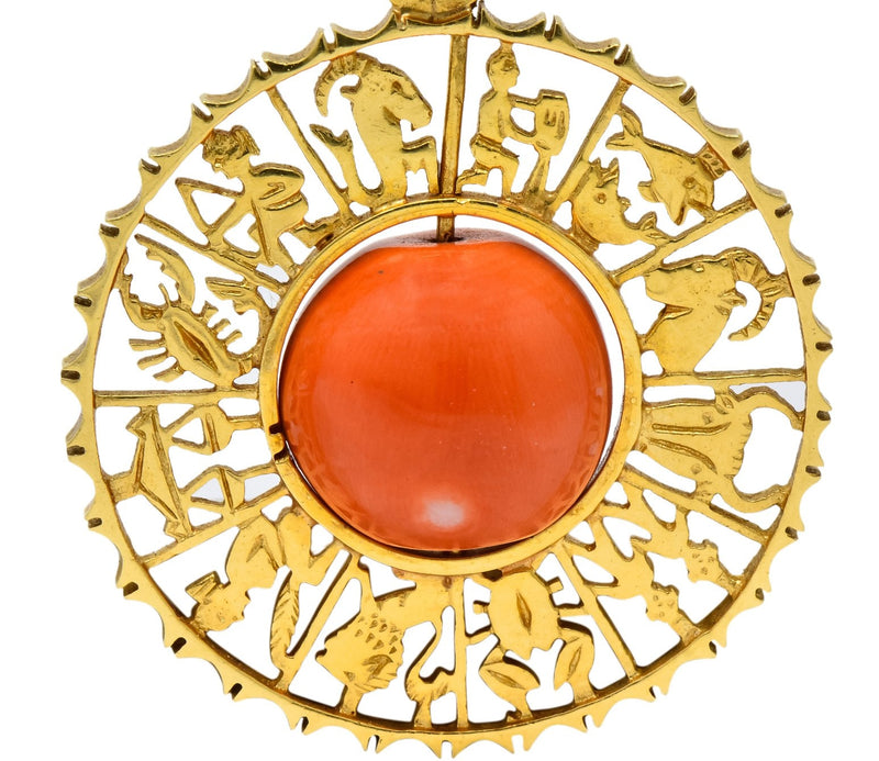 Vintage 1960's Coral 18 Karat Yellow Gold Zodiac Articulated Pendant - Wilson's Estate Jewelry