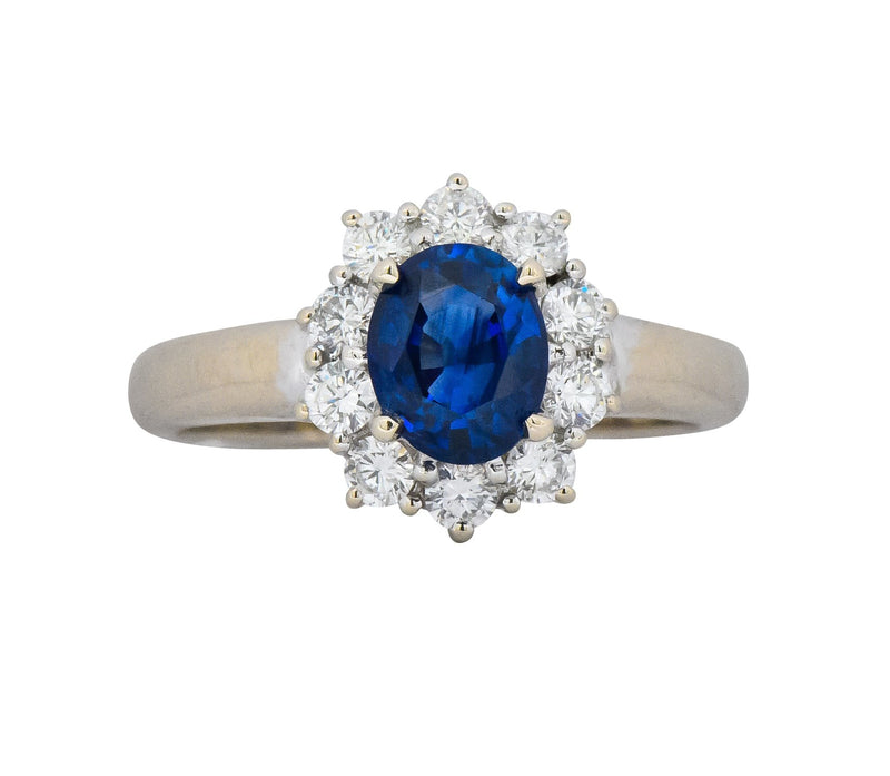 Vintage 2.15 CTW Sapphire Diamond 18 Karat White Gold Cluster Ring Wilson's Estate Jewelry