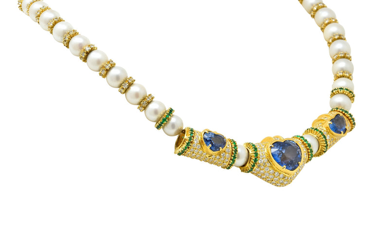 Vintage 35.50 CTW Sapphire Emerald Diamond Pearl 18 Karat Gold Heart Necklace - Wilson's Estate Jewelry