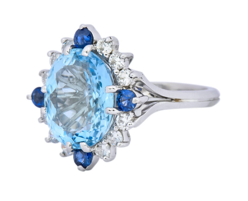 Vintage 4.14 CTW Aquamarine Diamond Sapphire 18 Karat White Gold Cluster Ring - Wilson's Estate Jewelry