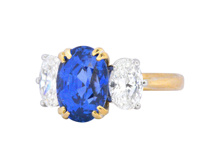 Vintage 4.22 CTW No Heat Natural Sapphire Diamond 18 Karat Gold Ring AGL Wilson's Estate Jewelry