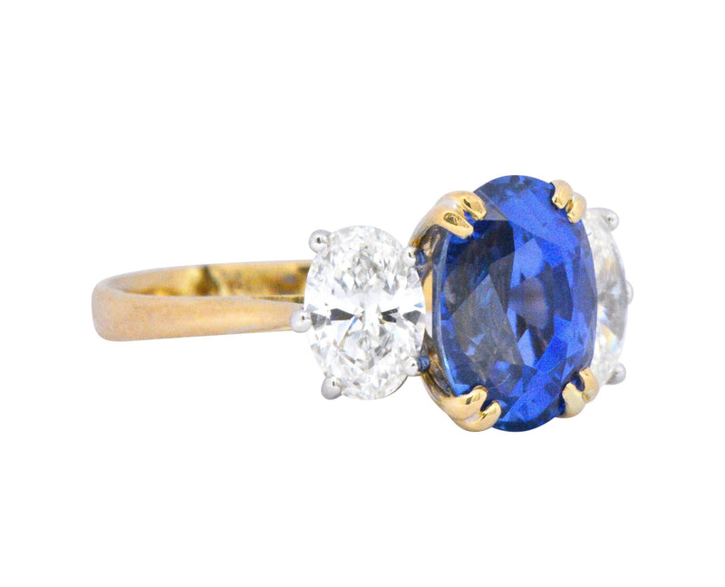 Vintage 4.22 CTW No Heat Natural Sapphire Diamond 18 Karat Gold Ring AGL Wilson's Estate Jewelry