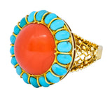 Vintage Coral Turquoise 14 Karat Gold Cluster Ring Circa 1960 - Wilson's Estate Jewelry