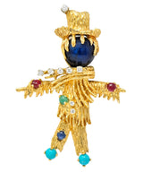 Vintage Diamond Sapphire Ruby Multi-Gem 14 Karat Gold Scarecrow Brooch - Wilson's Estate Jewelry
