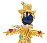 Vintage Diamond Sapphire Ruby Multi-Gem 14 Karat Gold Scarecrow Brooch - Wilson's Estate Jewelry