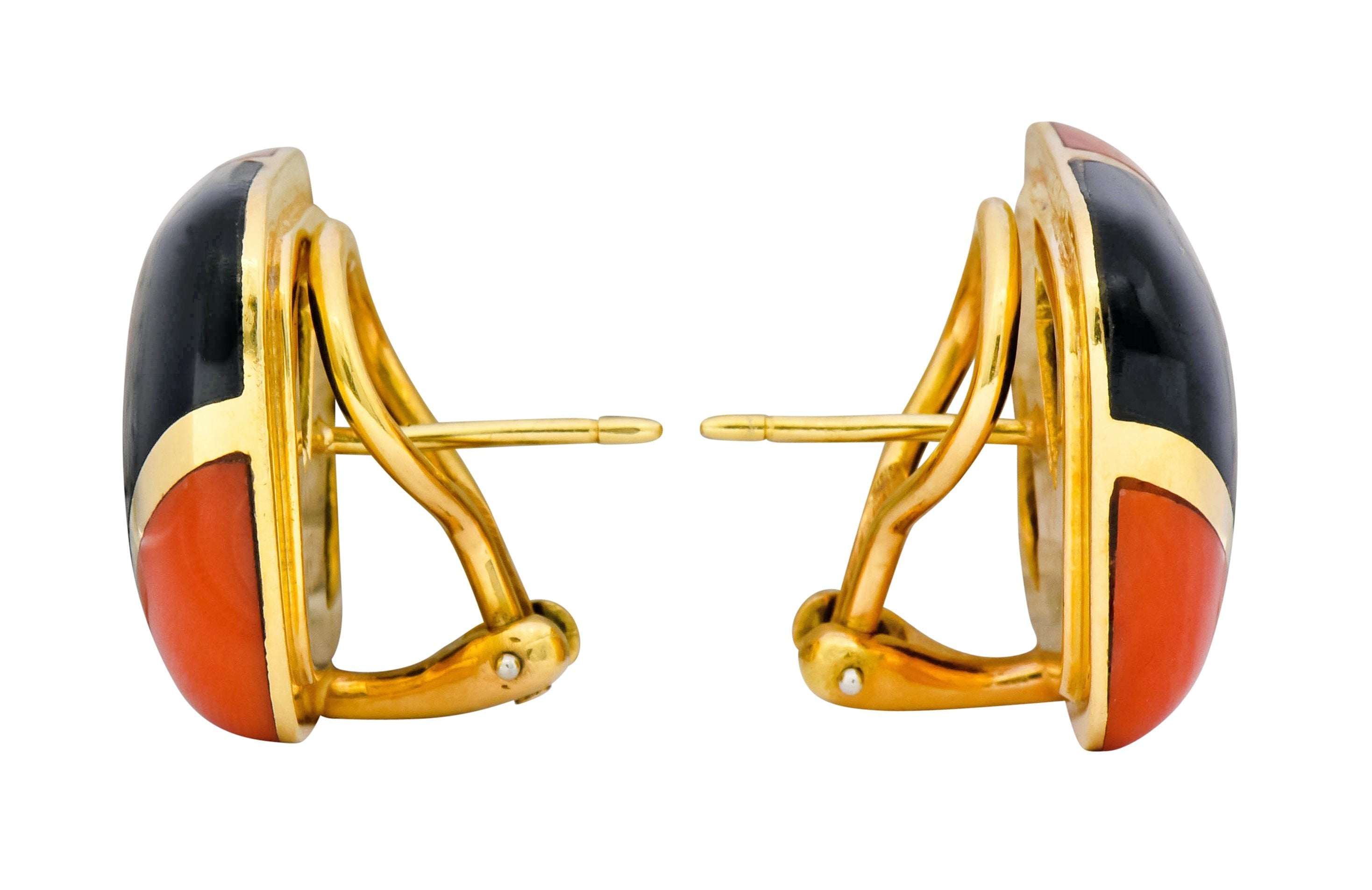 Vintage Onyx Coral 18 Karat Gold Square Cushion Inlay Earrings - Wilson's Estate Jewelry