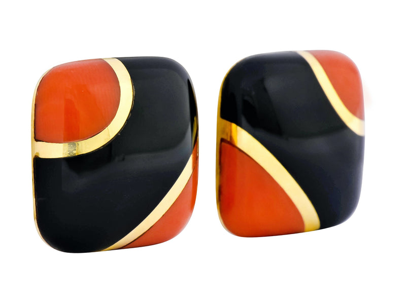 Vintage Onyx Coral 18 Karat Gold Square Cushion Inlay Earrings - Wilson's Estate Jewelry