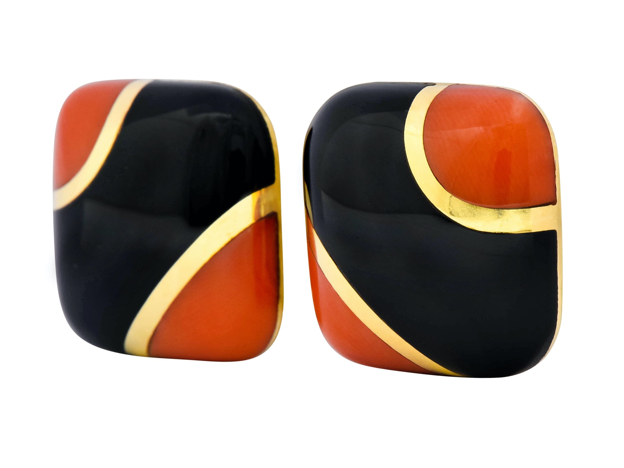 Vintage Onyx Coral 18 Karat Gold Square Cushion Inlay Earrings - Wilson's Estate Jewelry