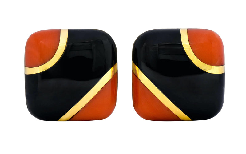 Vintage Onyx Coral 18 Karat Gold Square Cushion Inlay Earrings - Wilson's Estate Jewelry