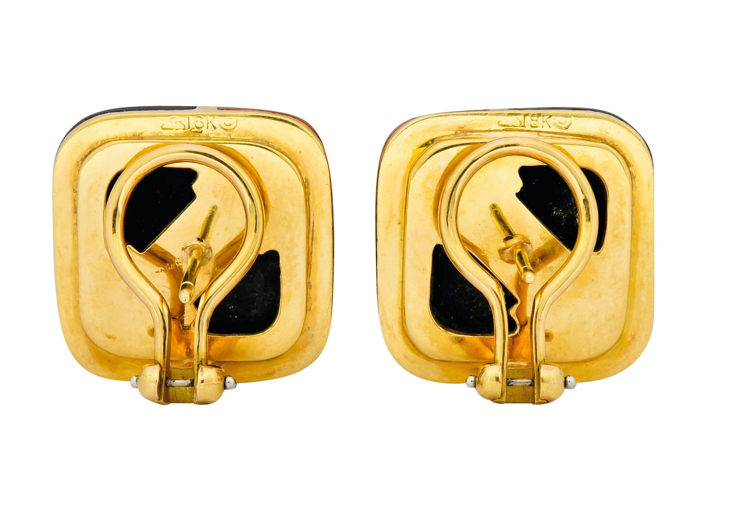 Vintage Onyx Coral 18 Karat Gold Square Cushion Inlay Earrings - Wilson's Estate Jewelry