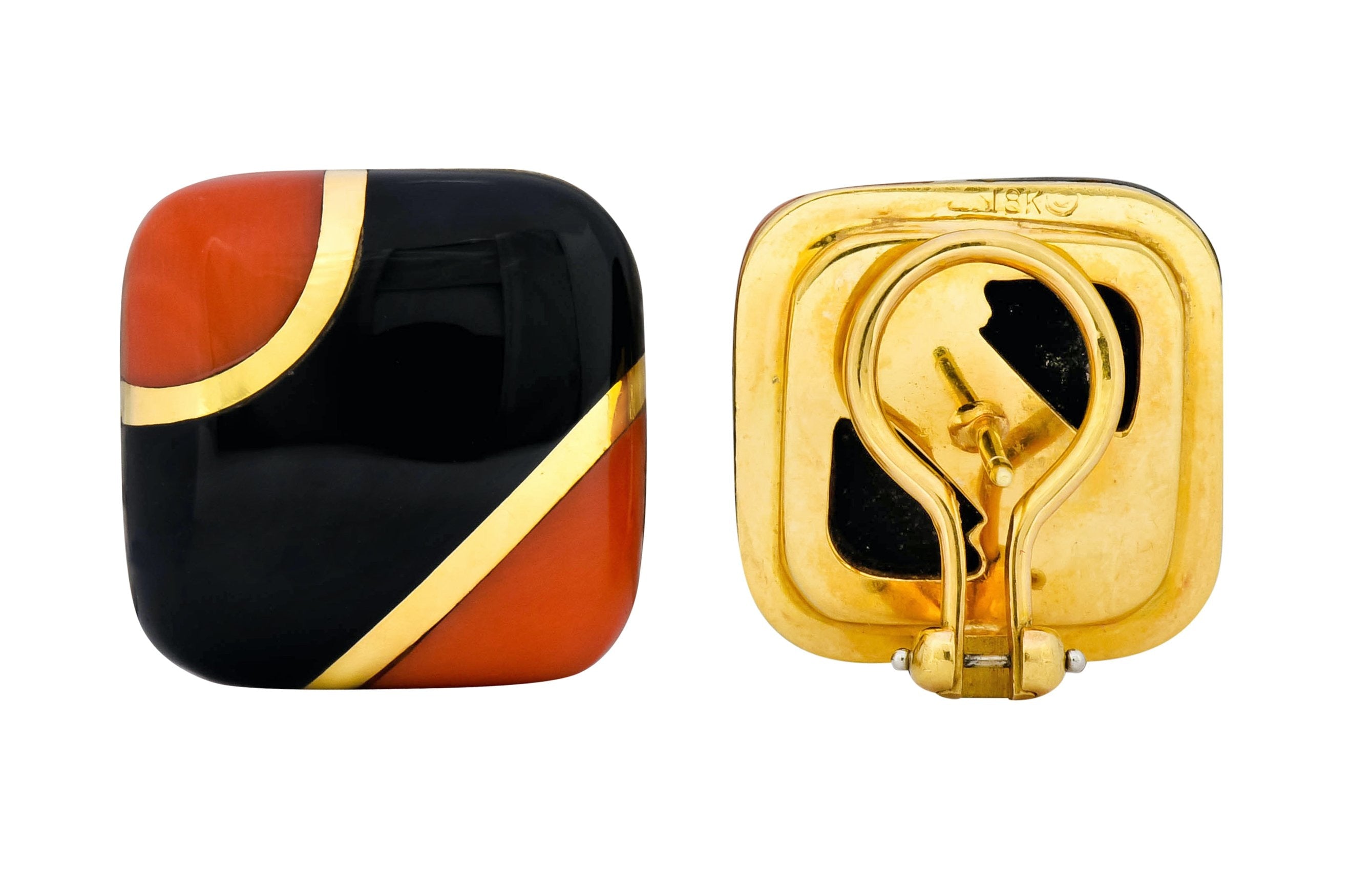 Vintage Onyx Coral 18 Karat Gold Square Cushion Inlay Earrings - Wilson's Estate Jewelry