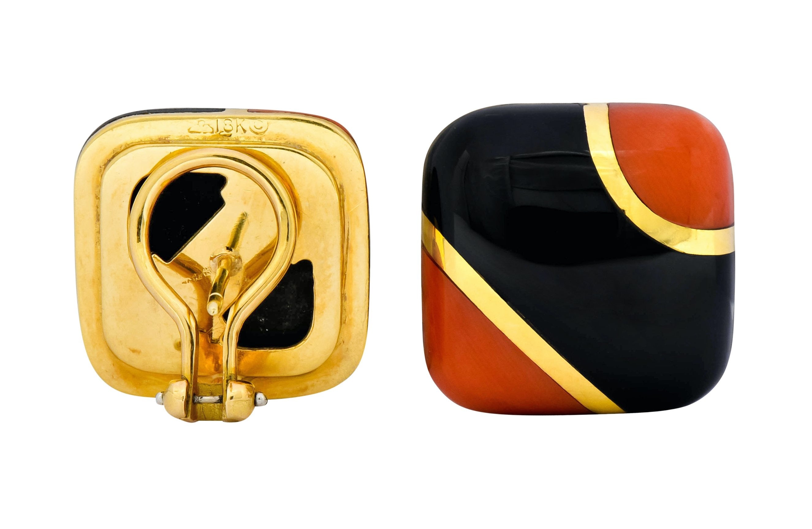 Vintage Onyx Coral 18 Karat Gold Square Cushion Inlay Earrings - Wilson's Estate Jewelry