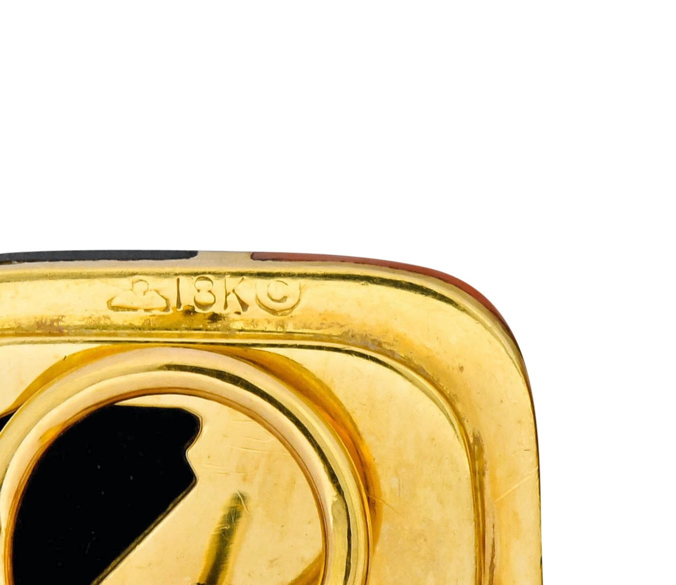 Vintage Onyx Coral 18 Karat Gold Square Cushion Inlay Earrings - Wilson's Estate Jewelry