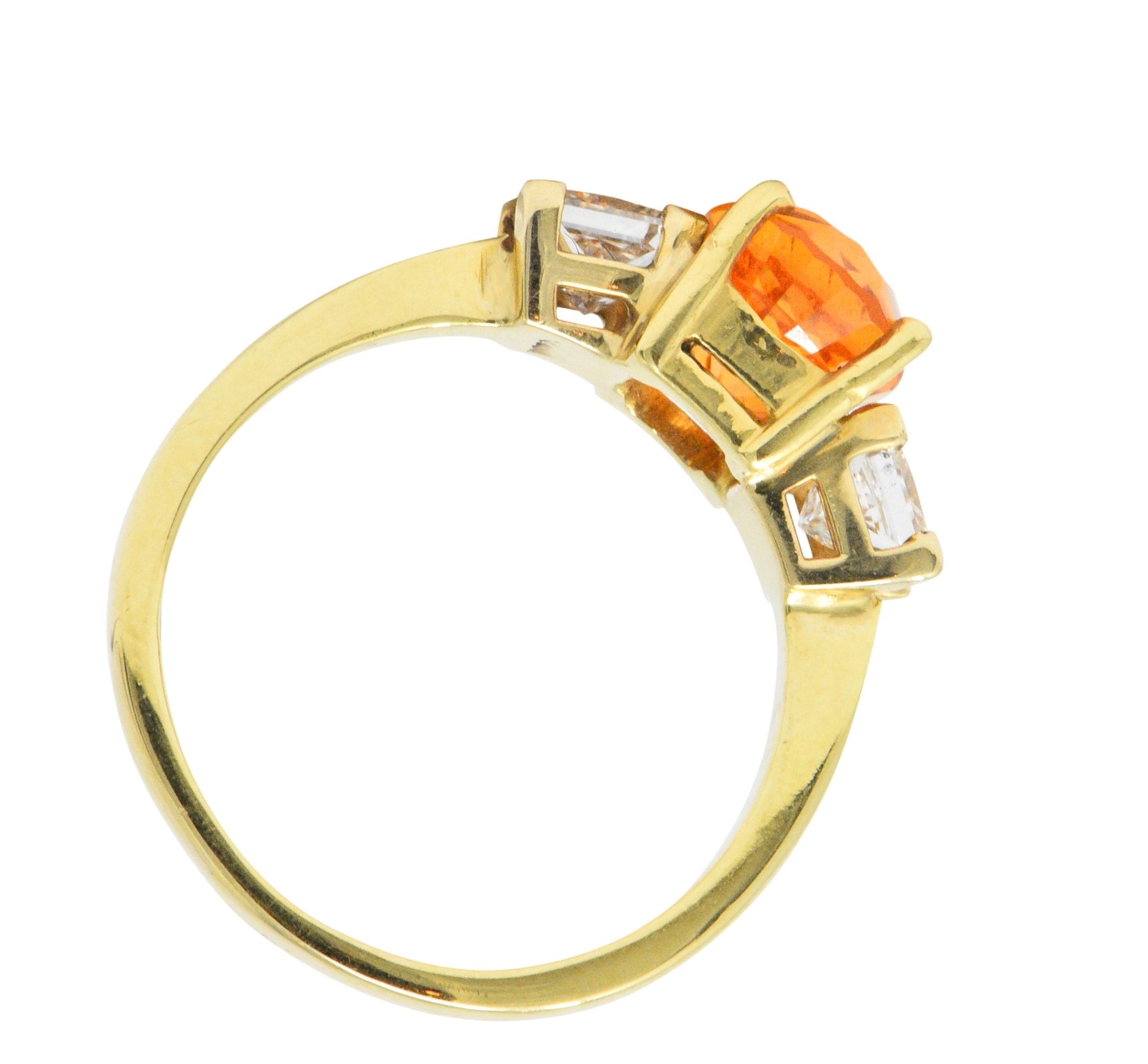 Vivid 4.60 CTW Spessartite Garnet Diamond 18 Karat Gold Three Stone Ring Wilson's Estate Jewelry