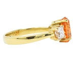 Vivid 4.60 CTW Spessartite Garnet Diamond 18 Karat Gold Three Stone Ring Wilson's Estate Jewelry