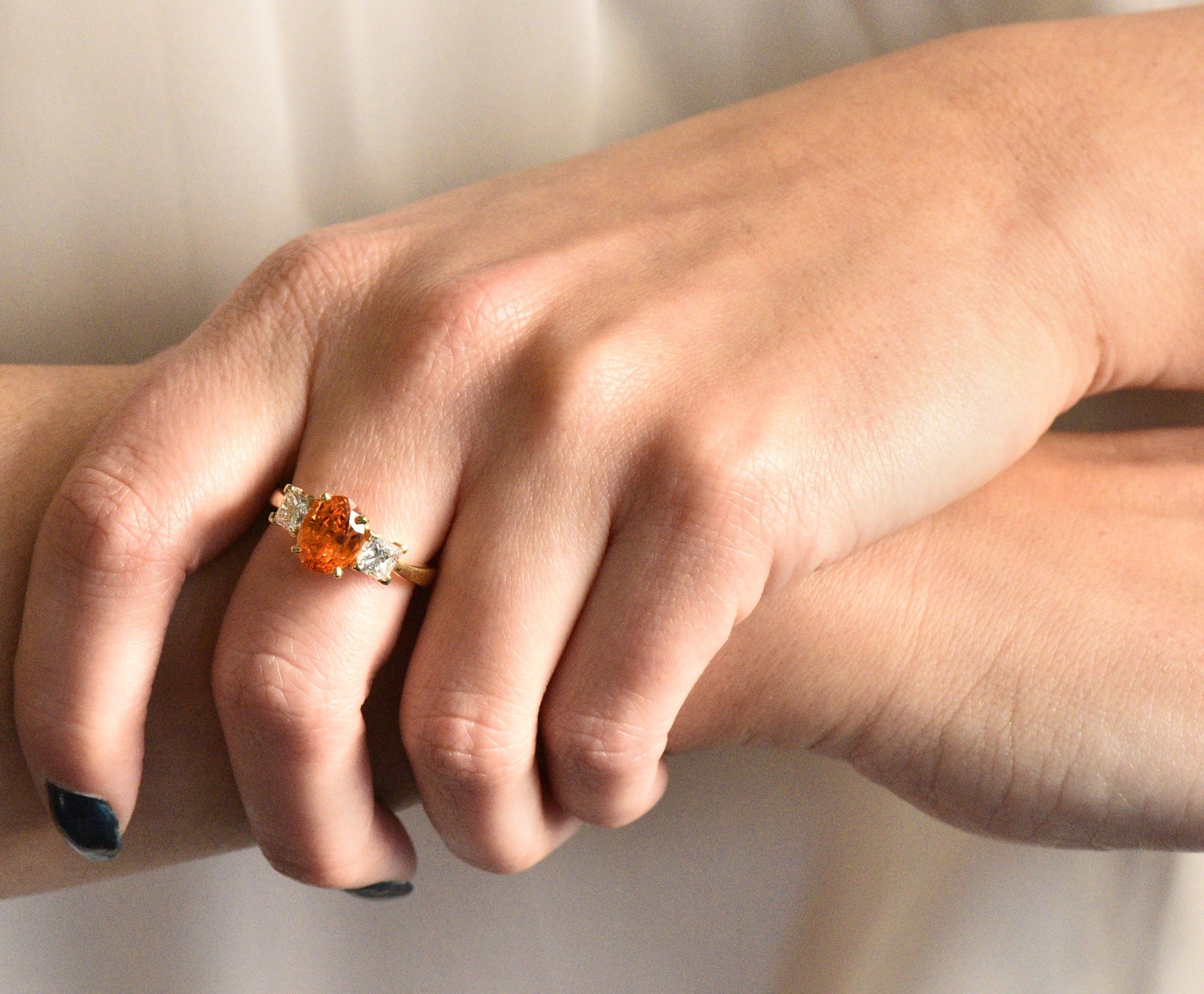 Vivid 4.60 CTW Spessartite Garnet Diamond 18 Karat Gold Three Stone Ring Wilson's Estate Jewelry
