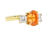 Vivid 4.60 CTW Spessartite Garnet Diamond 18 Karat Gold Three Stone Ring Wilson's Estate Jewelry
