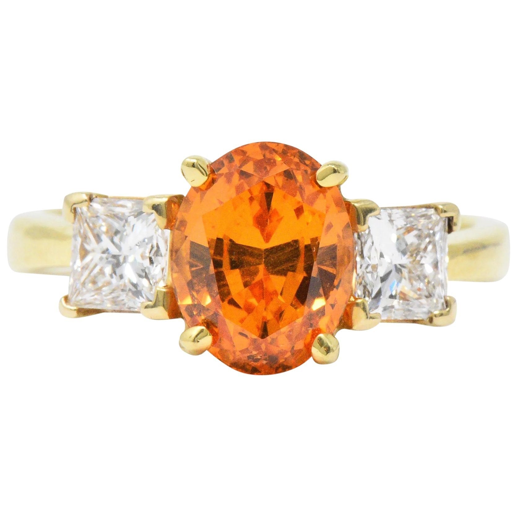 Vivid 4.60 CTW Spessartite Garnet Diamond 18 Karat Gold Three Stone Ring Wilson's Estate Jewelry