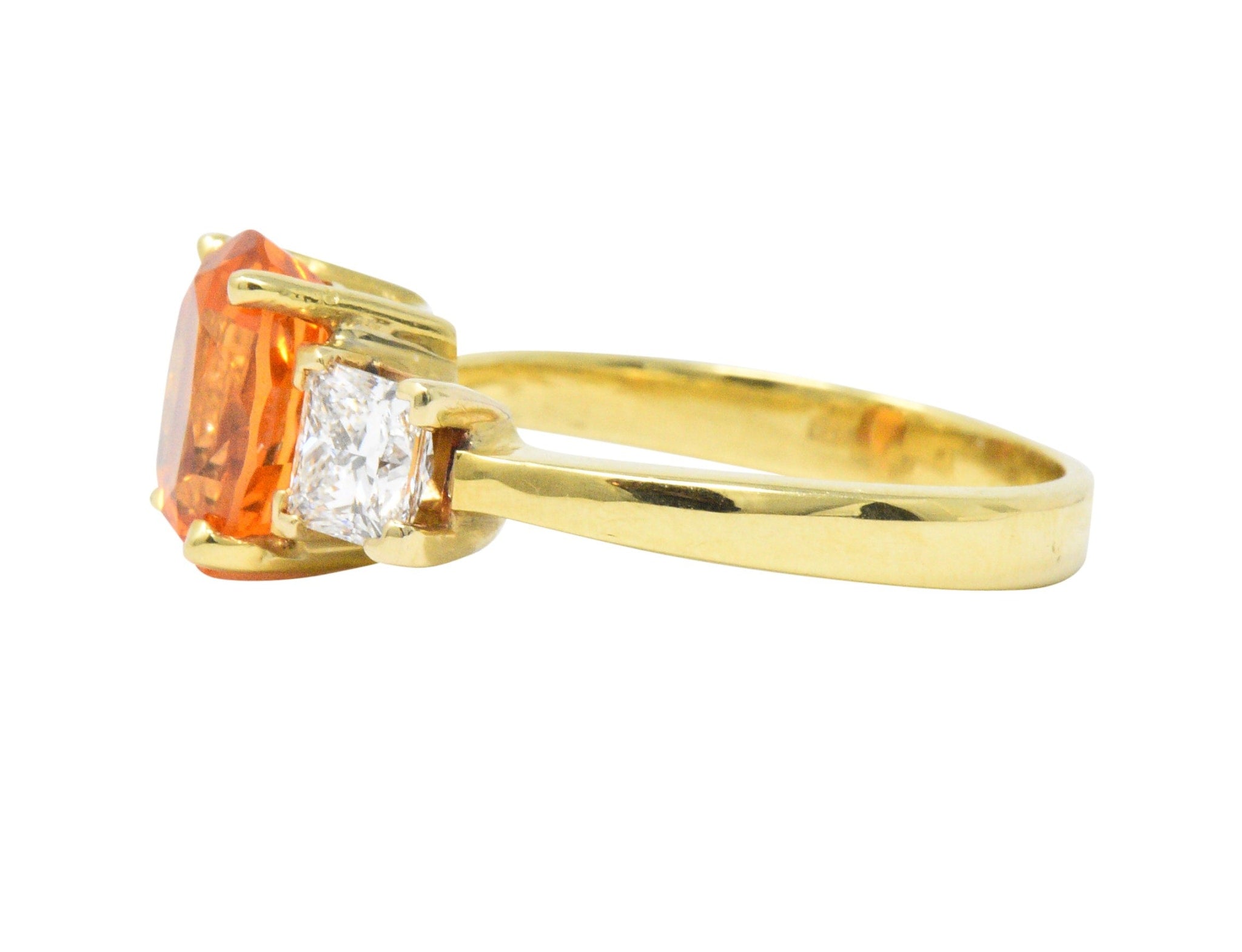 Vivid 4.60 CTW Spessartite Garnet Diamond 18 Karat Gold Three Stone Ring Wilson's Estate Jewelry