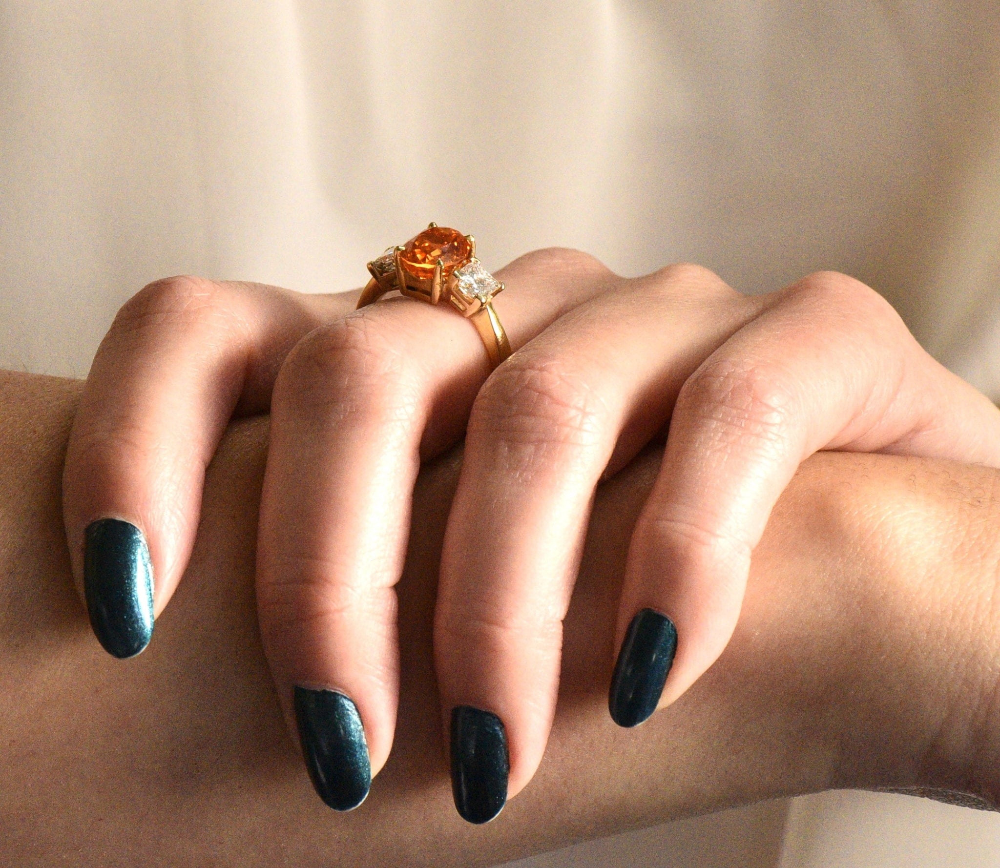 Vivid 4.60 CTW Spessartite Garnet Diamond 18 Karat Gold Three Stone Ring Wilson's Estate Jewelry