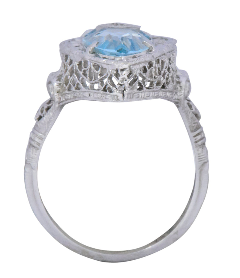 White & Co. Edwardian 4.05 CTW Aquamarine Diamond 14 Karat White Gold Ring Wilson's Estate Jewelry