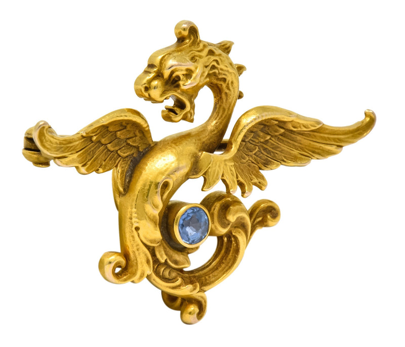 Whiteside and Blank Art Nouveau 14 Karat Gold Sapphire Dragon Watch Pin Brooch - Wilson's Estate Jewelry